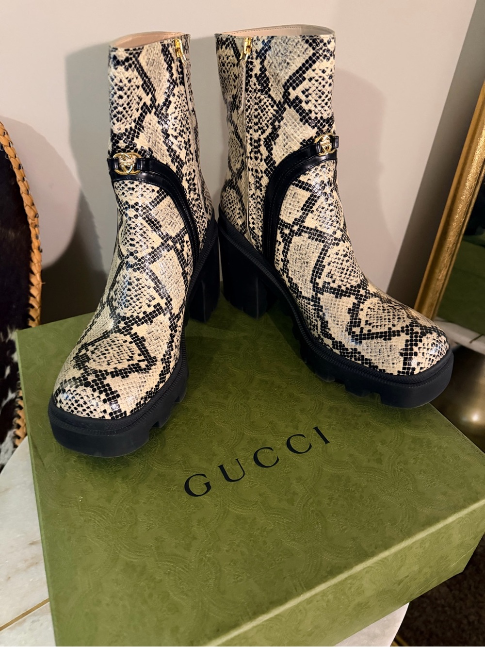 Gucci Snake-Print Ankle Boots in Black and Cream with Gold Hardware